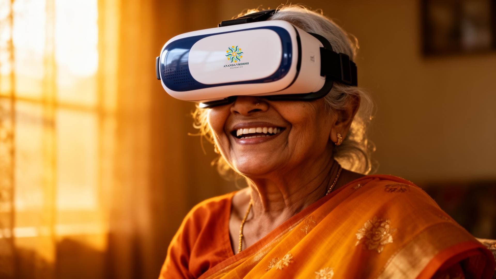 Elderly woman experiencing virtual reality with pure joy